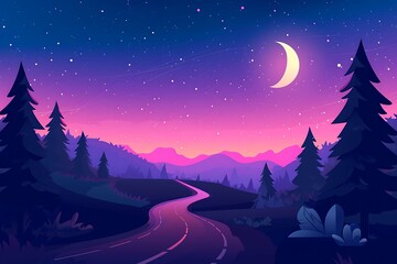 Fototapeta na wymiar A winding road through a forest with a crescent moon and starry sky, set against a gradient of sunset colors. Generative AI