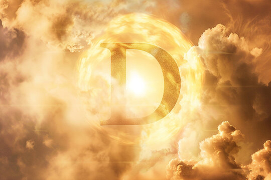 Conceptual image of Vitamin D symbol shining amidst clouds. Generated AI.