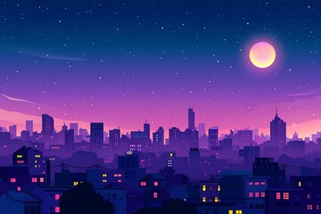 A night cityscape under a starry sky with a glowing moon, rendered in beautiful shades of twilight purples and pinks. Generative AI