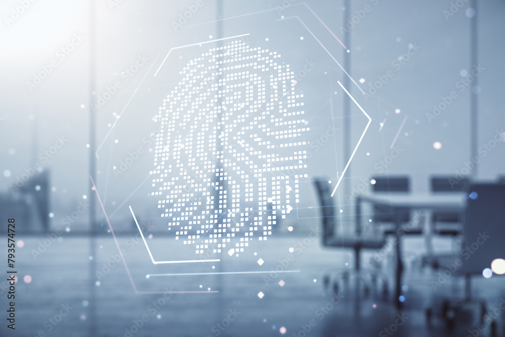Poster multi exposure of virtual abstract fingerprint illustration on a modern conference room background, 