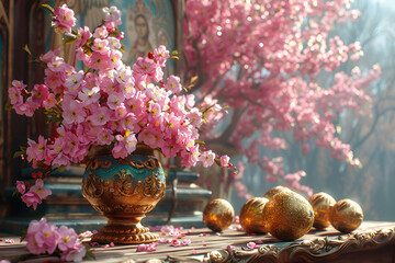 Springtime Reverence: Golden Easter Eggs and Blossoming Pink Flowers by an Icon, Capturing the Essence of Orthodox Easter, Ideal for Religious and Seasonal Publications