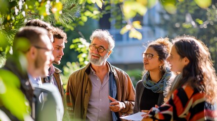 A group of university students and a professor outdoors, discussing enthusiastically, dynamic and interactive, against a clear and bright background, styled as a collaborative educational scene.