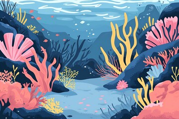 Fototapeta na wymiar Vibrant underwater seascape with diverse marine life among coral reefs, in a lively vector illustration. Generative AI
