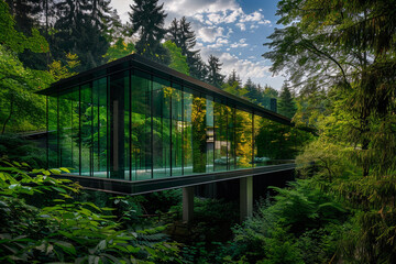 Ultra-modern glass house surrounded by dense forestry, reflecting the summer sky and nature around it.