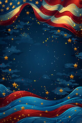 Night Sky and Flowing American Flag, Symbolizing Freedom and Grandeur, Mysterious and Deep Concept, for gala events and commemorative book covers, Copy Space