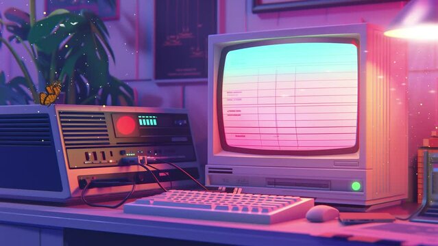 80s style personal computer. seamless looping overlay 4k virtual video animation background