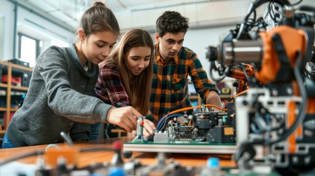 A group of young engineers in a robotics lab, programming together, teamwork and focus clear, with a plain white background, styled as a collaborative tech workspace.