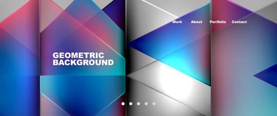 A vibrant geometric background featuring an array of triangles in shades of azure, liquid violet, and magenta. The design is reminiscent of an electronic device display with an electric blue font