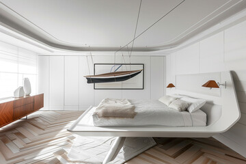 White master bedroom with a striking herringbone floor, an ultra-modern suspended bed, and a sleek sideboard.