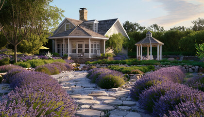 Warm taupe Cape Cod style vacation home, with a secluded garden featuring a gazebo and a stone pathway lined with lavender.