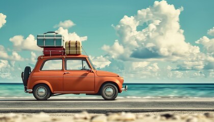A red car with luggage on top of it is parked on a beach by AI generated image
