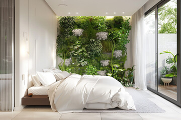 White master bedroom with biophilic design elements, vertical gardens, and sustainable materials, showcasing a harmony with nature.
