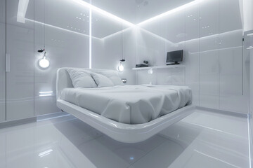 White master bedroom with a high-gloss finish on all furniture, a futuristic floating bed, and high-tech ambient lighting.