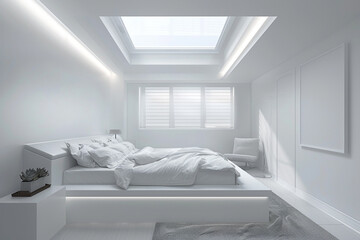 White master bedroom with a skylight over the bed, allowing natural light to enhance the minimalist decor and white furnishings.