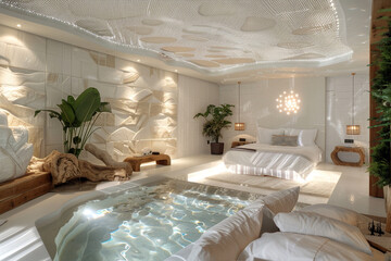 White master bedroom with a serene water feature, natural wood accents, and a bespoke fiber optic ceiling.