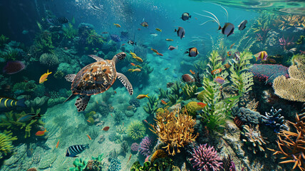 An aerial view of a crystal-clear coral reef, teeming with colorful fish, sea turtles, and undulating plants, showcasing the underwater biodiversity.