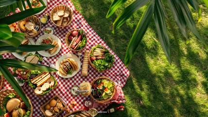 An aerial view of a picnic spread in a lush green park, with a red and white checkered blanket holding baskets of food, sandwiches, salads, and a bottle of wine.