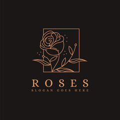 Framed Nature rose logo icon design, with line art style drawing on black background