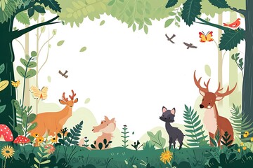 Illustrated wildlife harmony with a deer, fox, birds, giraffes, and lush flora in a vibrant, whimsical forest scene. Generative AI