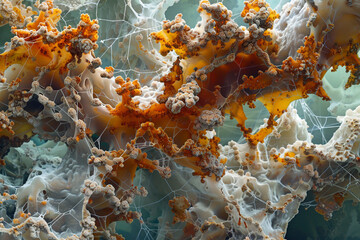 An image of a detailed fungal mycelium network growing on a solid culture medium, showcasing the intricate patterns and structures of fungi.