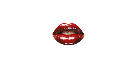 A closeup of glossy red lips against a white background