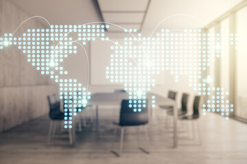 Abstract virtual world map with connections on a modern conference room background, international trading concept. Multiexposure