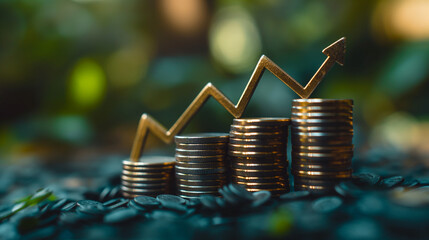 Coins stacking and increasing graph and up arrow on green background for economic growth, dividend from investment and bank saving concept. - obrazy, fototapety, plakaty