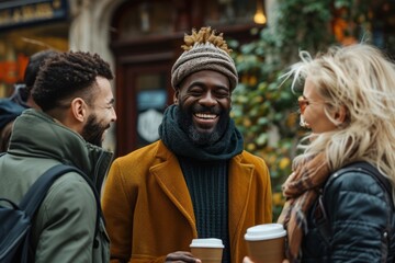 smiling african american man with coffee to go talking with friends