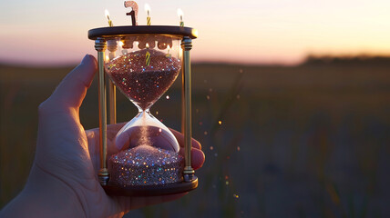 A close-up of a hand holding a glitter-filled hourglass with the sand forming the shape of a birthday cake as it falls, set against a backdrop of twilight.