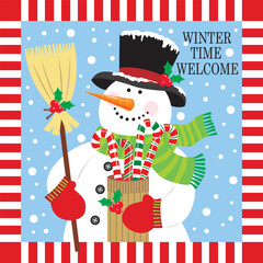 Christmas card design with cute snowman, broomstick and candy cane