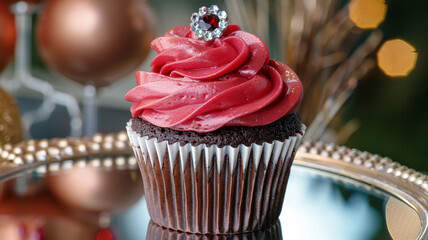 A cupcake topped with glossy, ruby-red frosting and a single, sparkling edible jewel, set on an elegant, mirrored surface for a luxurious birthday treat.