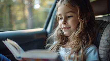 Girl Reading Book Inside Car Concept