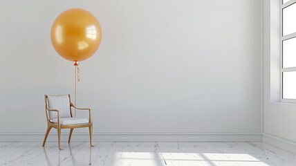 A minimalist birthday setting with a single golden balloon tied to a modern, chic chair in an otherwise empty, bright room.