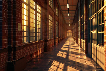 A realistic scene of a classic school building at dawn, the early morning sun casting a golden hue over the red brick walls and tall windows.