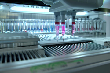 A realistic view of a gradient PCR machine in operation, with an array of samples being amplified to study genetic variations of bacteria.