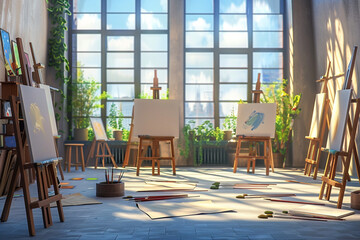 A realistic setting of a school art classroom, with easels, paintbrushes, and unfinished canvases, showcasing the creativity of students.