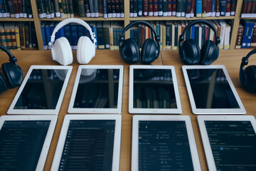 A set of digital tablets and headphones laid out on a library table, representing modern learning tools in education.