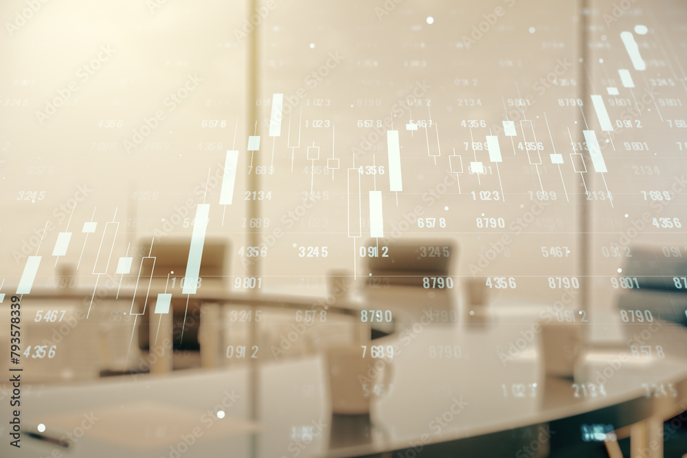 Poster multi exposure of abstract virtual graphic data spreadsheet sketch on a modern furnished classroom b