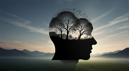 An abstract Outline of a human head containing a surreal landscape background, symbolizing the concept of inner peace and mental isolation with copy space, dark
