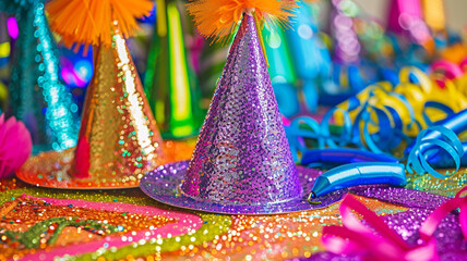A vibrant display of glittery, multicolored party favors, including hats, noisemakers, and streamers, arranged on a bright, festive tablecloth.