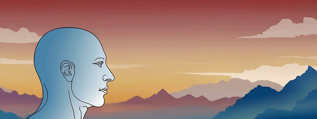An abstract Outline of a human head containing a surreal landscape background, symbolizing the concept of inner peace and mental isolation with copy space, sunrise