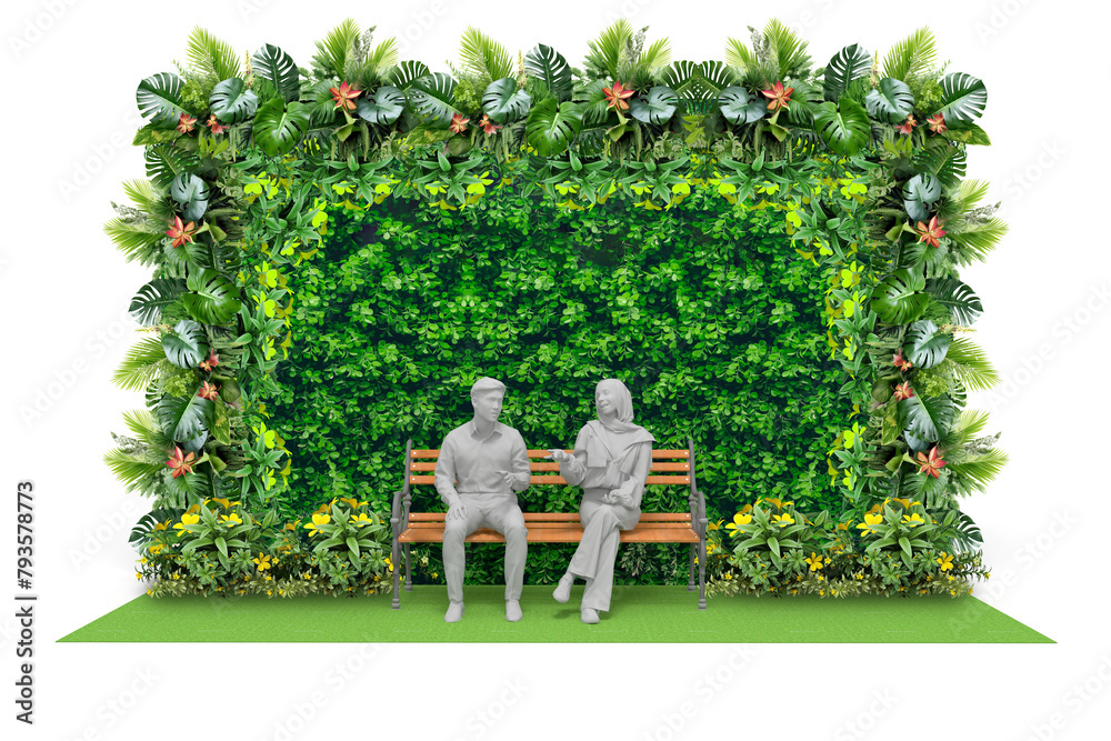 Wall mural 3d illustration backdrop photo vertical garden plants decoration blank space logo company with park bench and green carpet for event exhibition. Image background isolated.