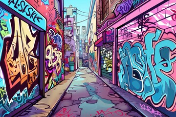 Obraz premium Cartoon cute doodles of graffiti-covered alleyways adorned with vibrant street art, Generative AI
