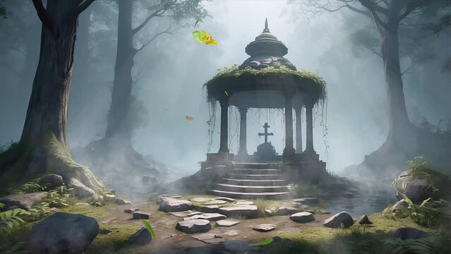 Explore the eerie beauty of an old well's remains veiled in thick fog amidst the silent embrace of the forest in this haunting 4K loop.