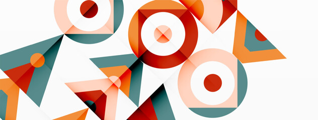 A visually appealing geometric art piece featuring a colorful pattern of circles and triangles on a clean white background, showcasing symmetry and creativity through the use of shapes and design © antishock