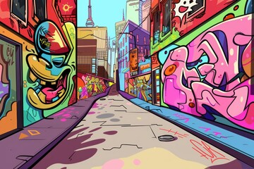 Naklejka premium Cartoon cute doodles of graffiti-covered alleyways adorned with vibrant street art, Generative AI