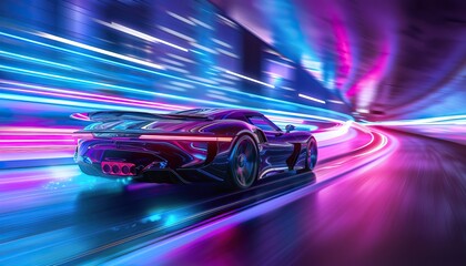 A car is driving down a street with neon lights by AI generated image - obrazy, fototapety, plakaty
