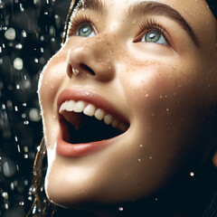 The face of a girl who looks at the sky with her mouth open, catching raindrops. Her face is joyful and lively, reflecting the shimmering raindrops in flight. The rain wets her hair and face, giving a