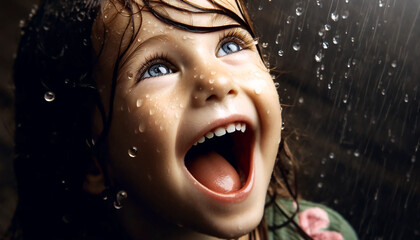 Close-up portrait of a young girl with her head thrown back and her mouth open, catching raindrops. She has wide, expressive eyes and water droplets on her face, reflecting a feeling of joy and surpri