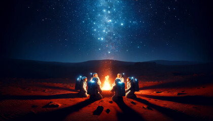 Astronauts in state-of-the-art spacesuits huddled around a warm, glowing fire on Mars, under a clear night sky filled with stars. The Martian soil around them is covered with red sand and rocks.